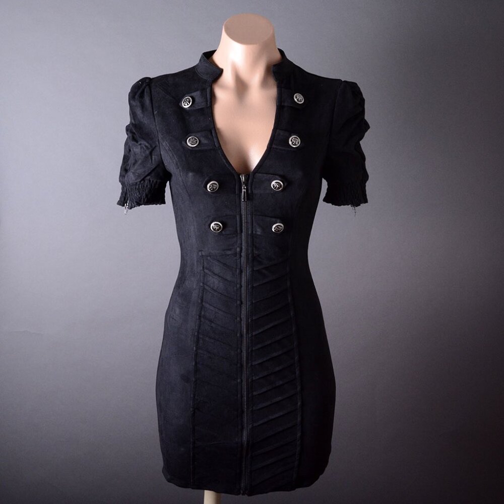 Black V Neck Steampunk Fitted Faux Suede Military Arm Sleeve Mini Dress S MＬXL